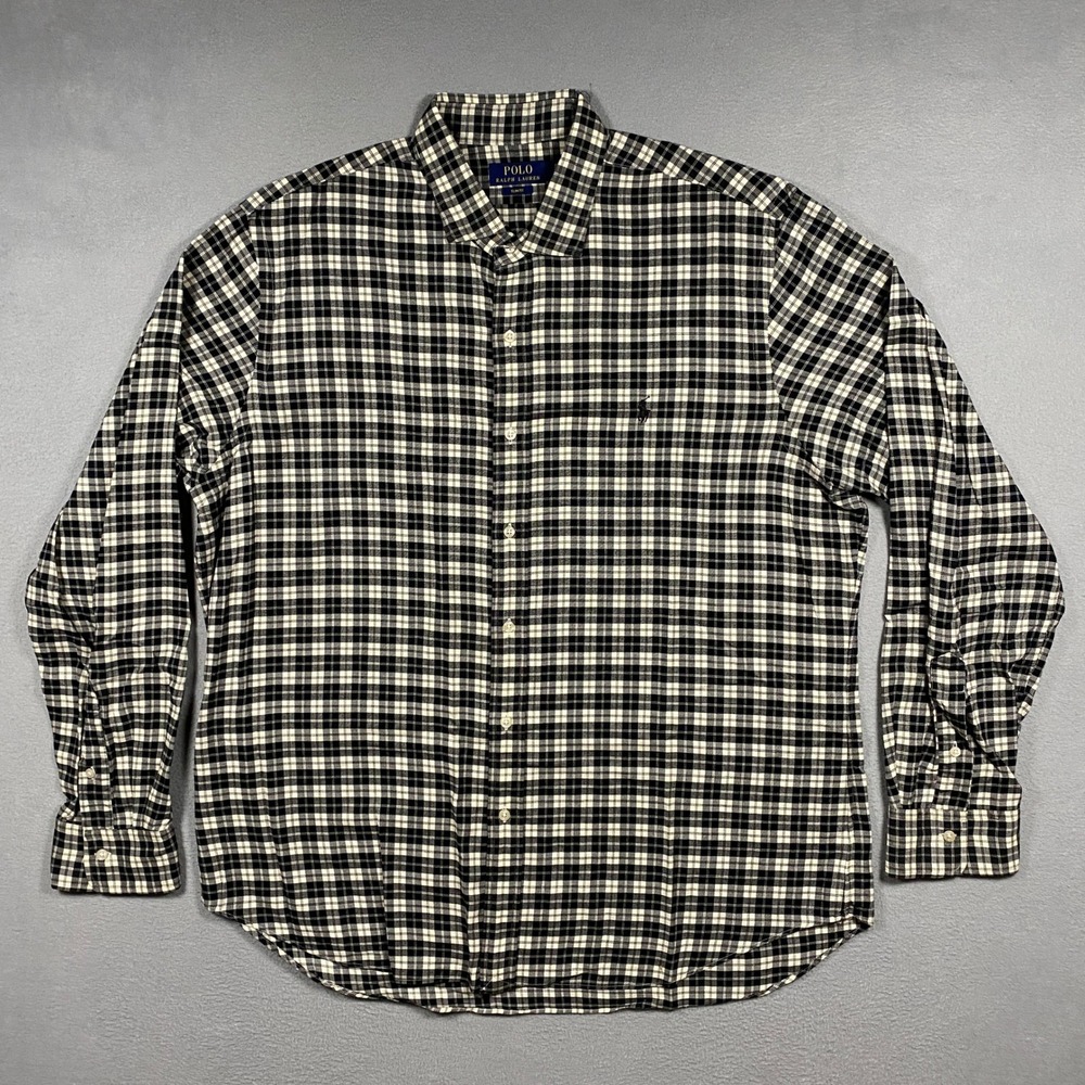 Polo Ralph Lauren Button Down Mens XXL Black White Gingham Slim Fit Cotton Shirt - Picture 2 of 7